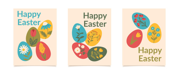 Set of Easter greeting cards with eggs decorated with flowers. Vector flat style posters.	