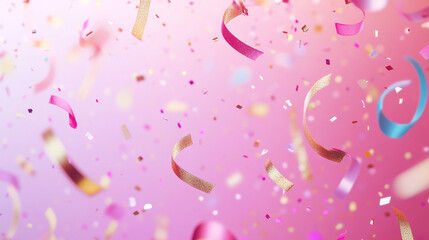 Celebration with colorful confetti falling against a pink background during a festive event