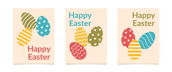 Set of Easter greeting cards with eggs. Vector flat style posters.	
