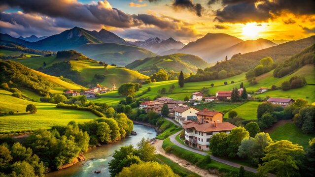 Stunning Baztan Valley Landscape, Deep Depth of Field, Rolling Hills, Pyrenees Mountains, Spanish Countryside