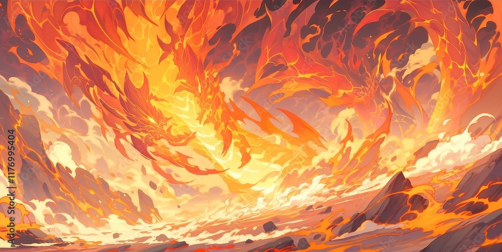 Poster vibrant lava textures in anime style, showcasing dynamic molten patterns and vivid colors for an imm