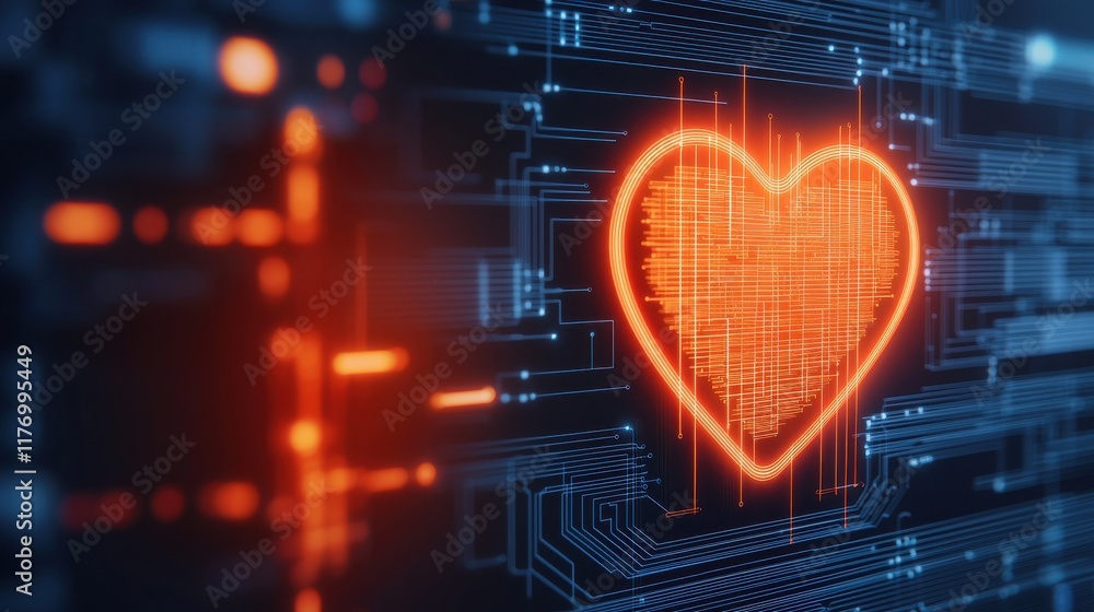Poster a glowing heart symbol on a digital circuit background, representing love and technology intertwinin