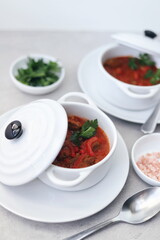 Beef and Vegetable Goulash Stew in a White Casserole Dish