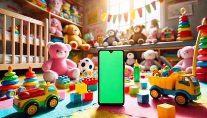 Obraz premium A smartphone featuring a green screen is positioned upright on a mat in a vibrant children playroom filled with toys