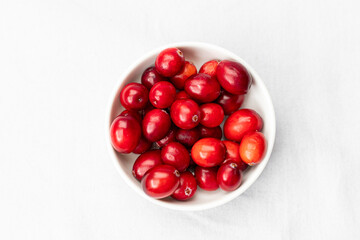 Fresh Cranberries in a White Bowl on a Light Background