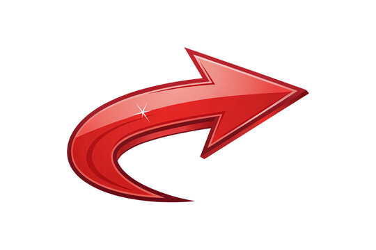 A glossy dynamic red arrow curving upward, enhanced with a shiny effect and white highlight, indicating forward momentum or growth, isolated on a transparent background