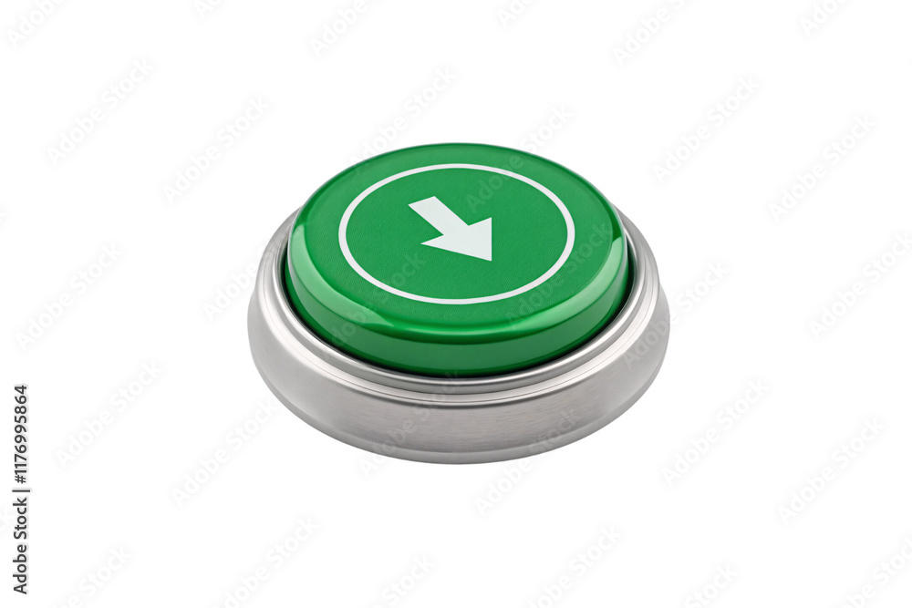 Aufkleber a green circular button with a white downward arrow, bordered by a metallic edge, representing downl