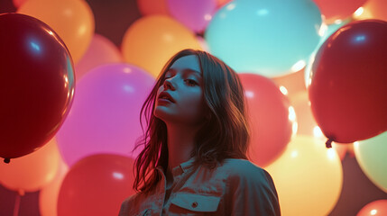 Obraz premium Young woman posing among colorful balloons in a vibrant indoor setting at night