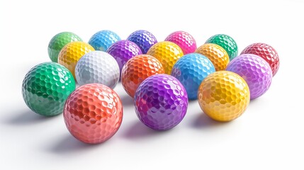 Obraz premium A set of multicolored golf balls scattered, isolated on a white background.