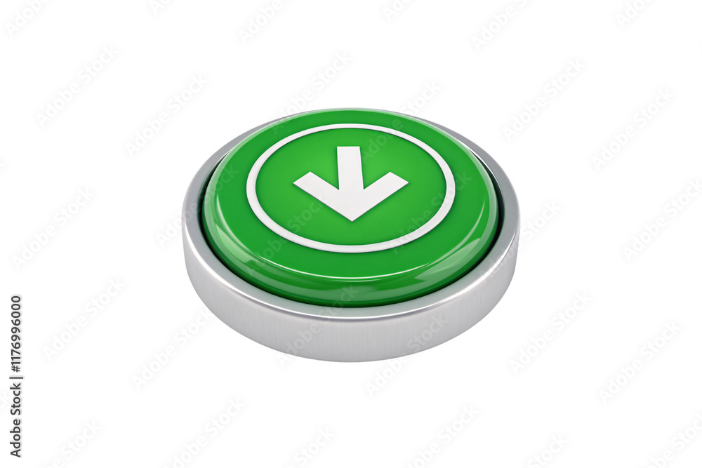 Poster a metallic-framed button with a smooth green surface, featuring a downward white arrow. the button h