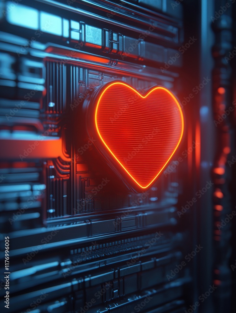 Poster a glowing red heart symbol is embedded in a futuristic circuit pattern, blending technology with emo