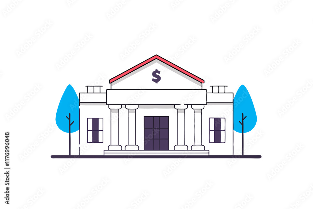 Poster a minimalistic illustration of a bank building with columns, a dollar sign symbol, and two trees, em