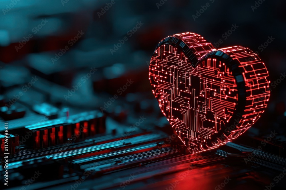 Poster a glowing heart-shaped object with circuit patterns, set against a dark, tech-inspired background, s