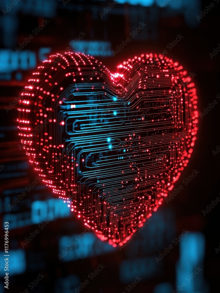 Poster a glowing digital heart made of circuit-like patterns, symbolizing the fusion of technology and emot