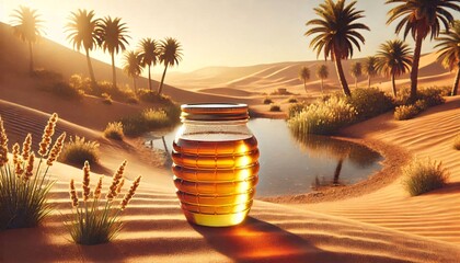 Golden Honey Jar in Desert Sunset generative ai