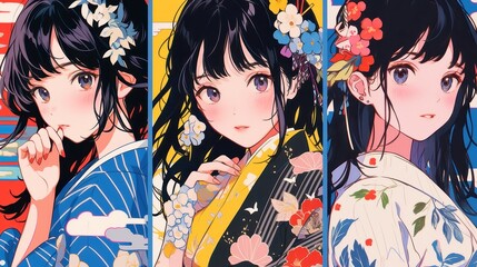 Anime-inspired portrait collage showcasing a vibrant cosplay character, blending traditional and modern elements of Japanese culture, full of colorful details and dynamic expressions.