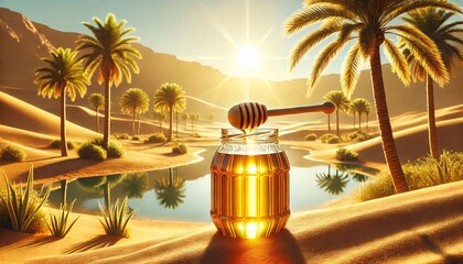 Golden Honey Jar in Desert Sunset generative ai
