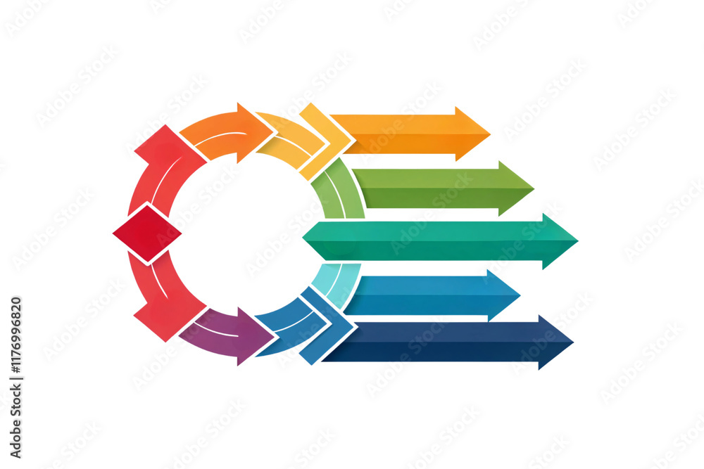 Poster colorful arrows extend from a circular red base to linear streams, transitioning through orange, yel