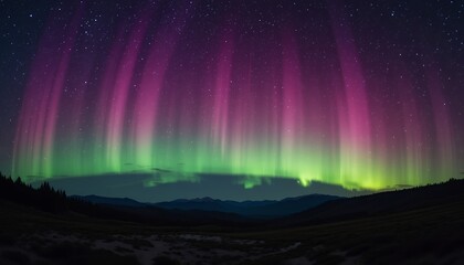 Aurora Borealis Night Sky Landscape  Green and Purple Northern Lights over Mountains