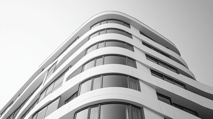Modern white building with curved architecture against the sky.