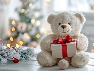 A cute teddy bear holding gift box, Valentine's Day theme, white background,