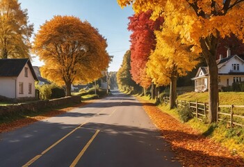Obraz premium A rural road lined with trees in full autumn colors of red, orange, and yellow