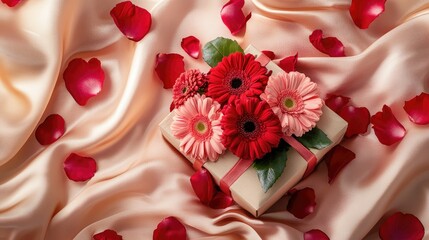 A romantic-themed gift box decorated with fresh red gerberas and pink carnations, surrounded by rose petals on a silk surface