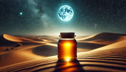 Golden Honey Jar in Desert Sunset generative ai