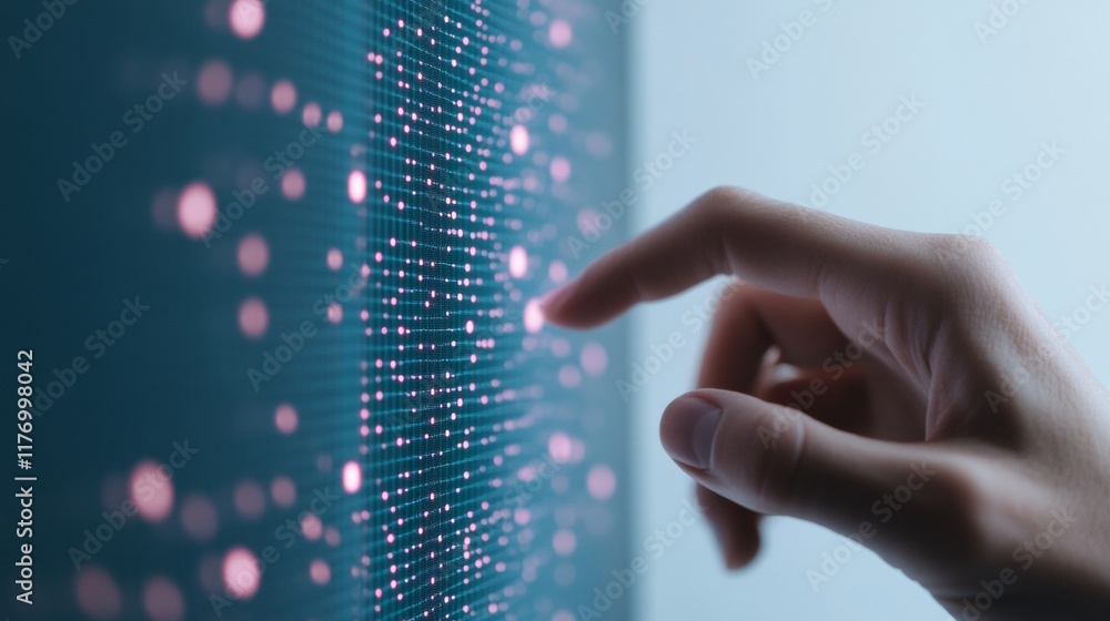 Fototapete futuristic digital interaction hand touching neon data display on touchscreen