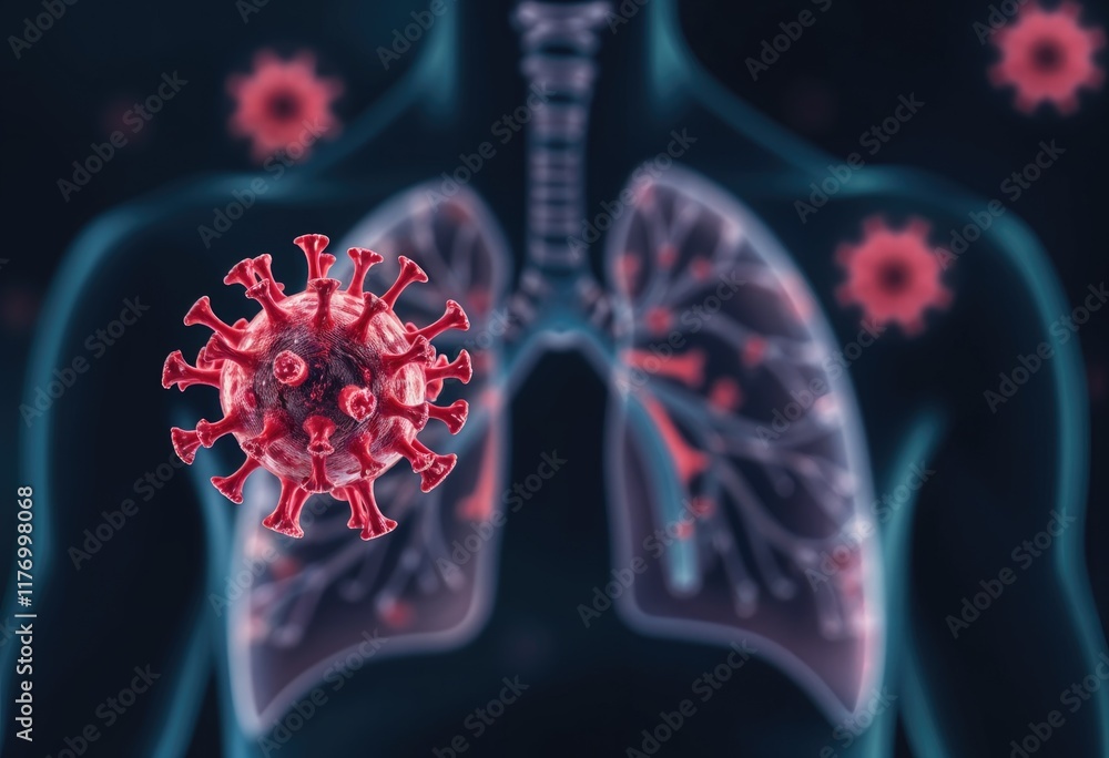 Poster microscopic view of hmpv virus particle near human lungs