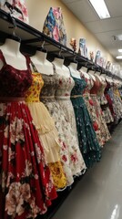 Elegant evening dresses displayed in a fashion boutique for special occasions and events