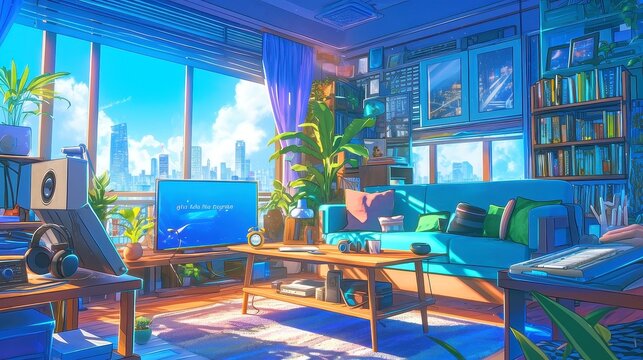 Cozy Lo-Fi Living Room with Rainstorm, Animated Overlay Loop for Streaming, Vtuber Asset in Manga Style, Chill Hip Hop Vibes in Cyan and Purple