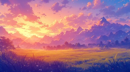 Fototapeta premium Mountain Sunset Serenity, a tranquil scene capturing a vibrant sunset over majestic peaks, infused with the soothing hues and whimsical charm of Lofi anime aesthetics.