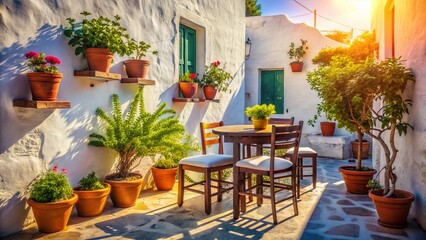Fototapeta premium Sunny Greek Terrace: Table, Chairs, Plants, Mediterranean Vibes