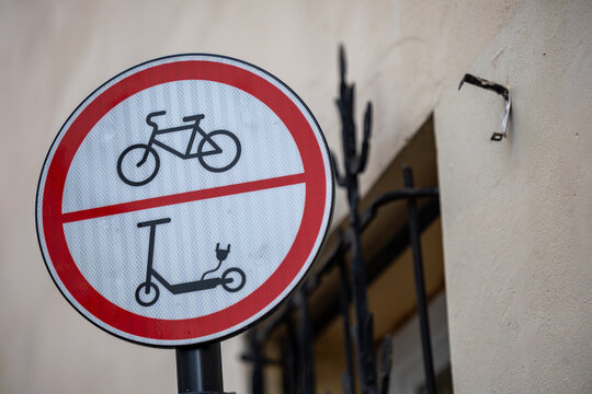 Vilnius, Lithuania Jan 4, 2025 A road sign probiting bicycles and scooters in the old town.