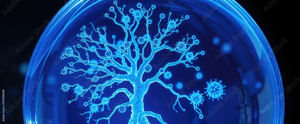 Poster microscopic view of hmpv virus tree like structure in petri dish