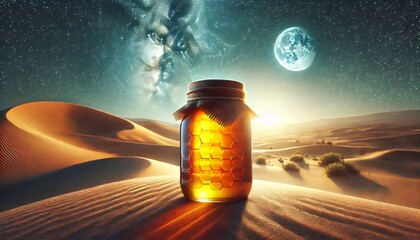 Golden Honey Jar in Desert Sunset generative ai