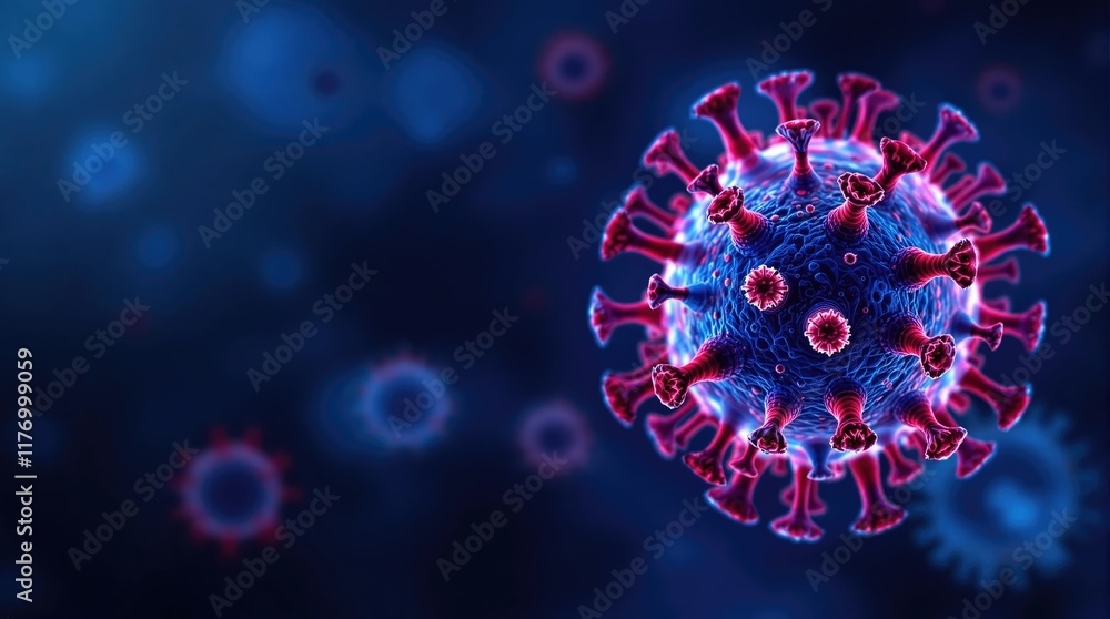 Poster microscopic view of hmpv virus particle medical research and science