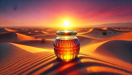 Golden Honey Jar in Desert Sunset generative ai