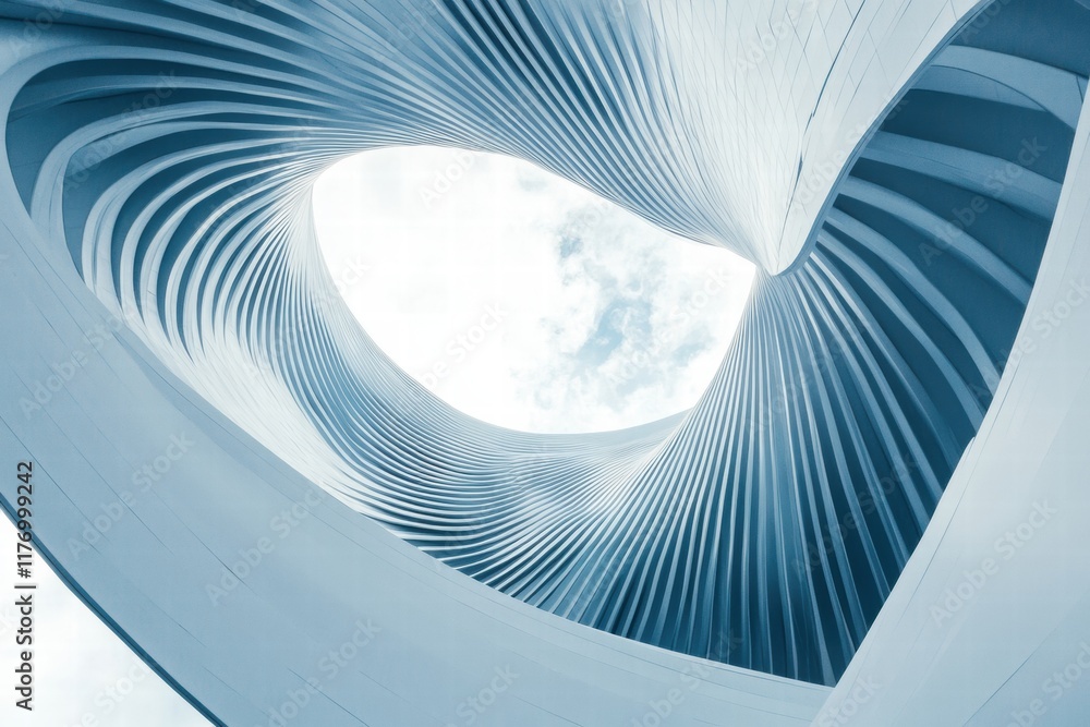 Poster dynamic abstract lines rise towards a bright sky in a modern architectural design featuring swirling