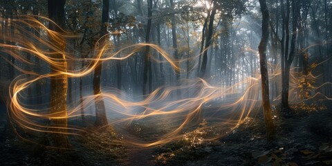 Naklejka premium A mystical forest scene with glowing light trails weaving through trees in a foggy atmosphere.