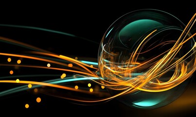 Glowing streaks flow around a teal sphere on a dark background.
