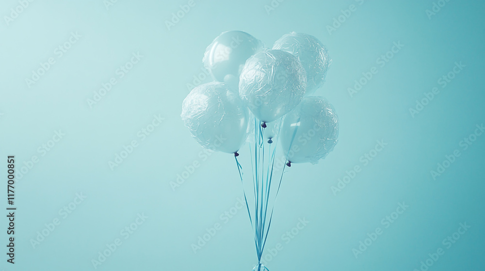 Poster floating white balloons create a whimsical atmosphere in a soft blue setting