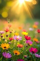 Fototapeta premium Colorful flower meadow with sun rays and bokeh - nature background banner with copy space - summer greeting card wildflowers spring flowers 