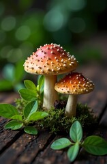 Obraz premium Background with mushrooms and fresh green leaves on a dark surface