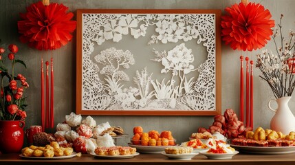 A traditional Chinese New Year frame with red tassels, delicate paper cuttings, and a table filled with traditional sweets and snacks
