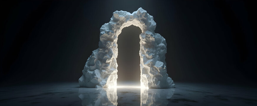 Illuminated stone archway beckons; ethereal glow invites passage into mystery.  A surreal, tranquil scene.