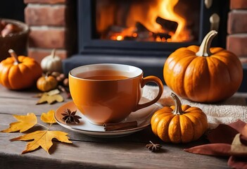 A cup of tea, a pumpkin, and autumn leaves on a wooden table with a lit fireplace in the background