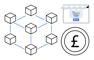 Obraz premium Blockchain cube network interconnected with blue lines, online store with shopping cart and buy button, and pound currency symbol. Ideal for e-commerce, digital transactions, blockchain technology