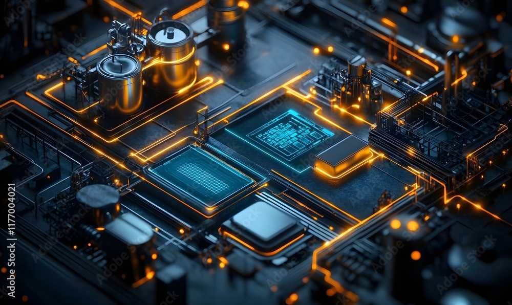 Poster complex circuitry with glowing pathways and components.